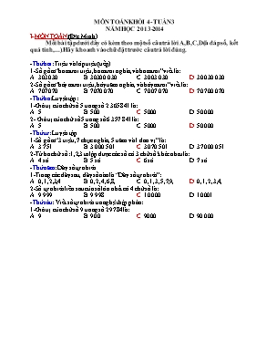 Đề khảo sát môn Toán Lớp 4 - Tuần 3 - Năm học 2013-2014